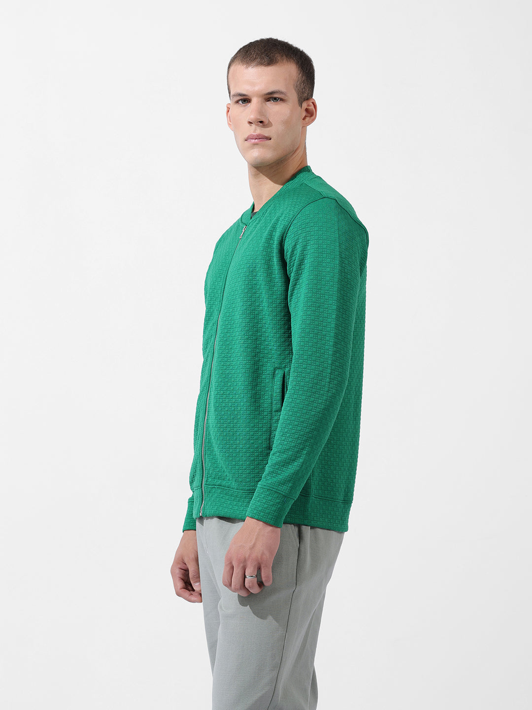 Men's Green Regular Fit Textured Casual Sweatshirt