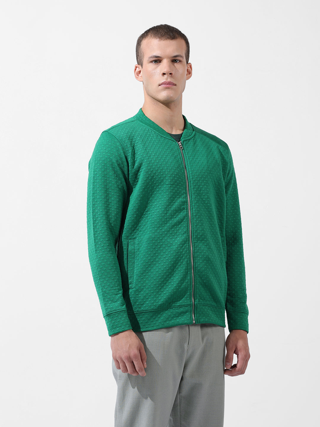 Men's Green Regular Fit Textured Casual Sweatshirt