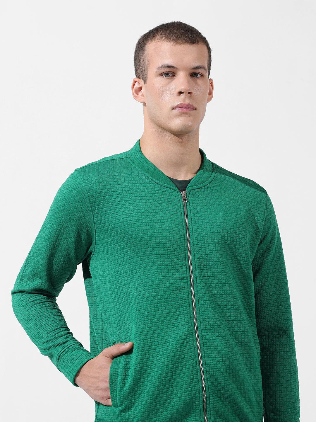 Men's Green Regular Fit Textured Casual Sweatshirt