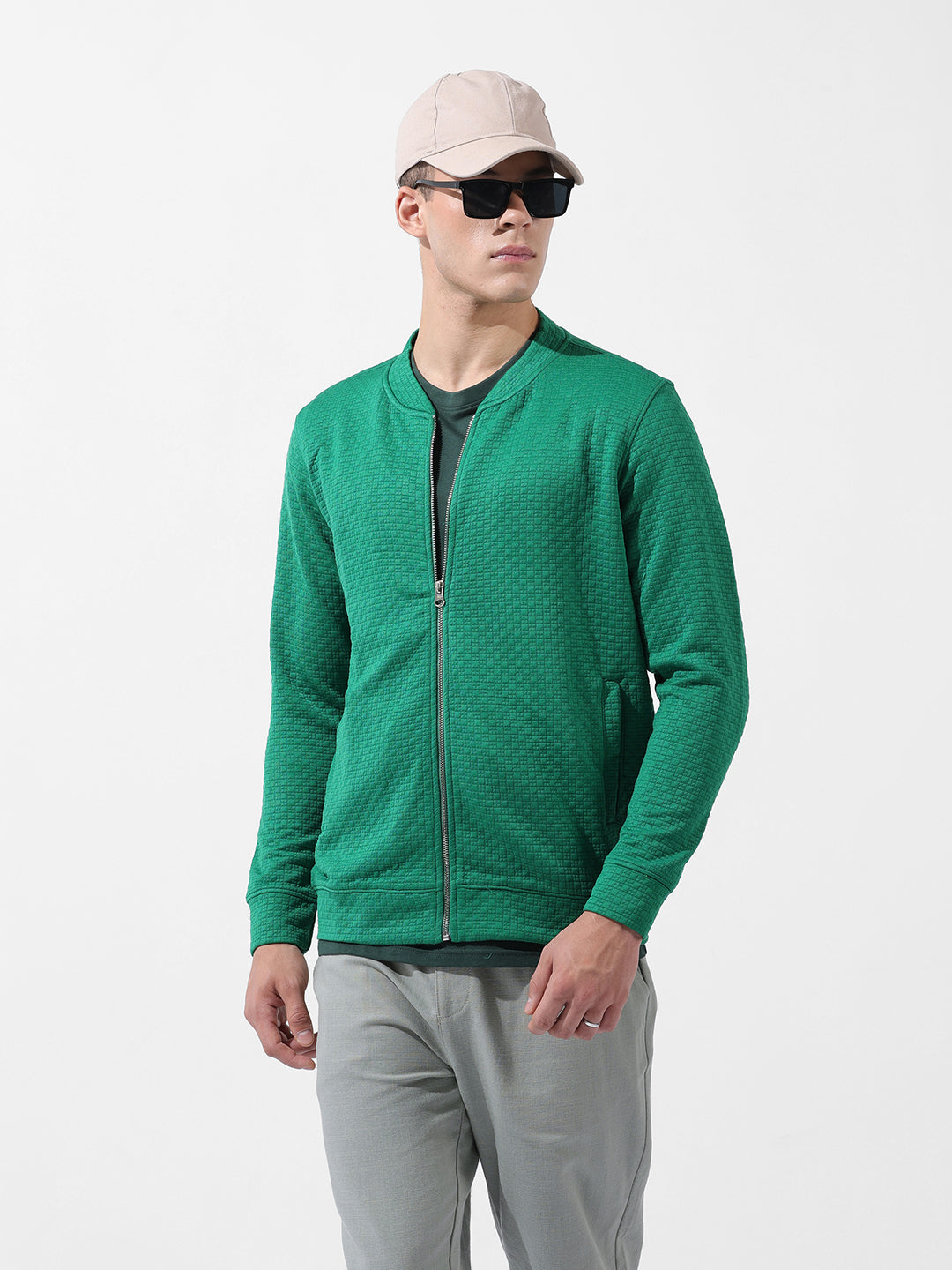 Men's Green Regular Fit Textured Casual Sweatshirt