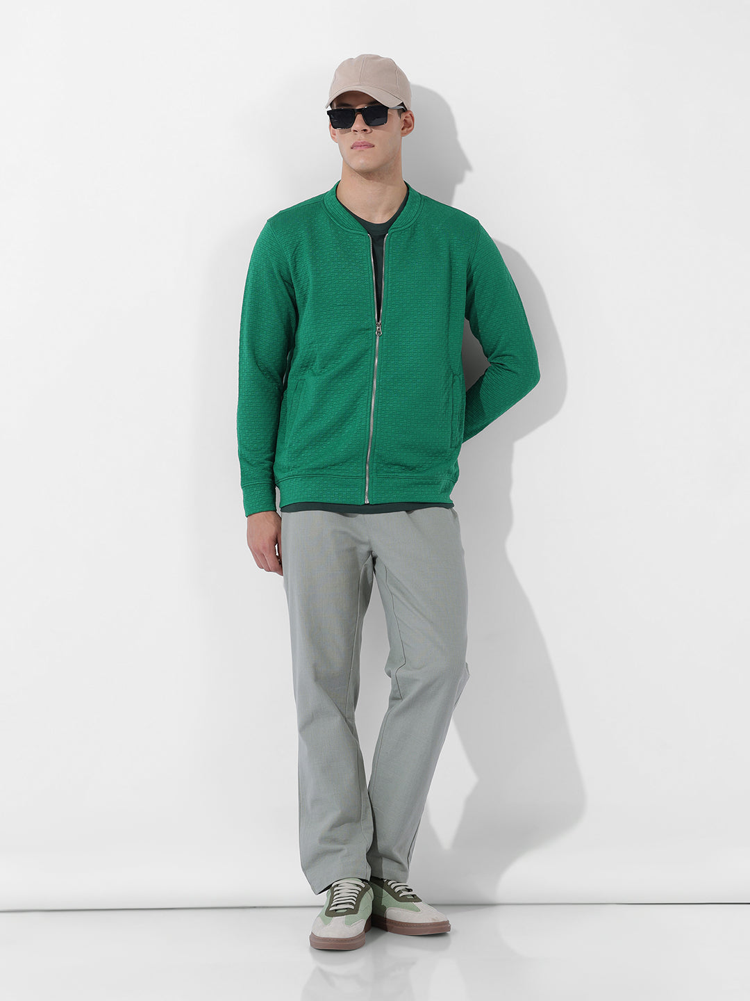 Men's Green Regular Fit Textured Casual Sweatshirt