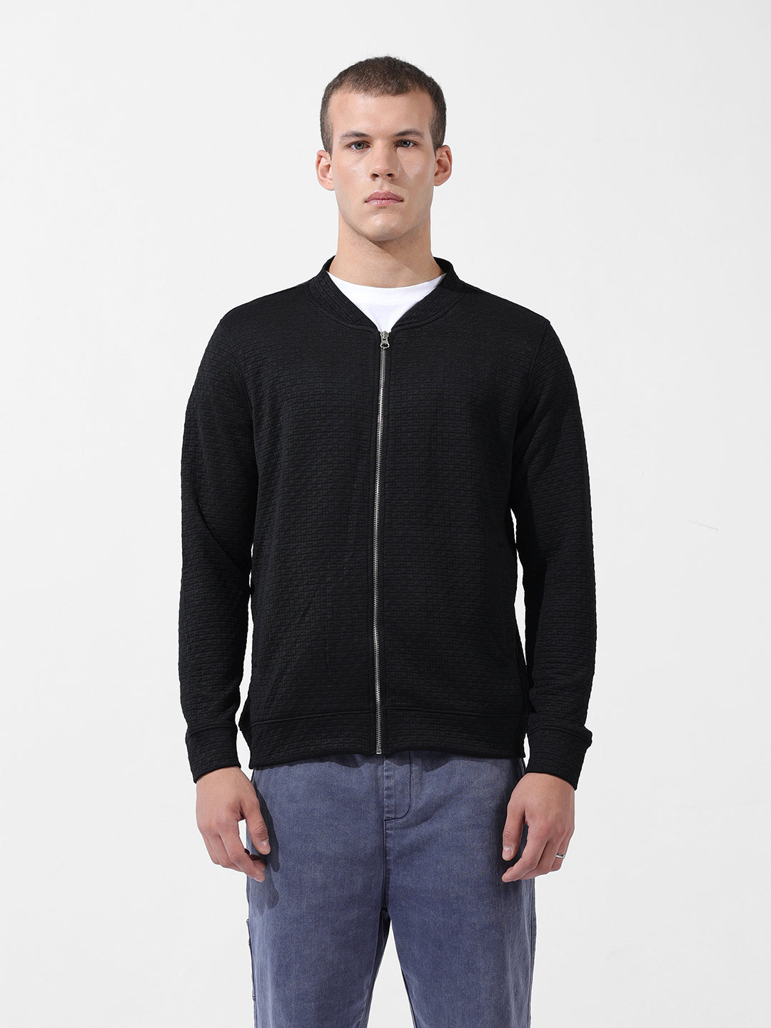 Men's Black Regular Fit Textured Casual Sweatshirt