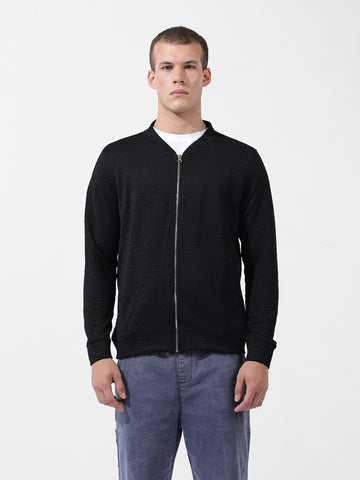Men's Black Regular Fit Textured Casual Sweatshirt