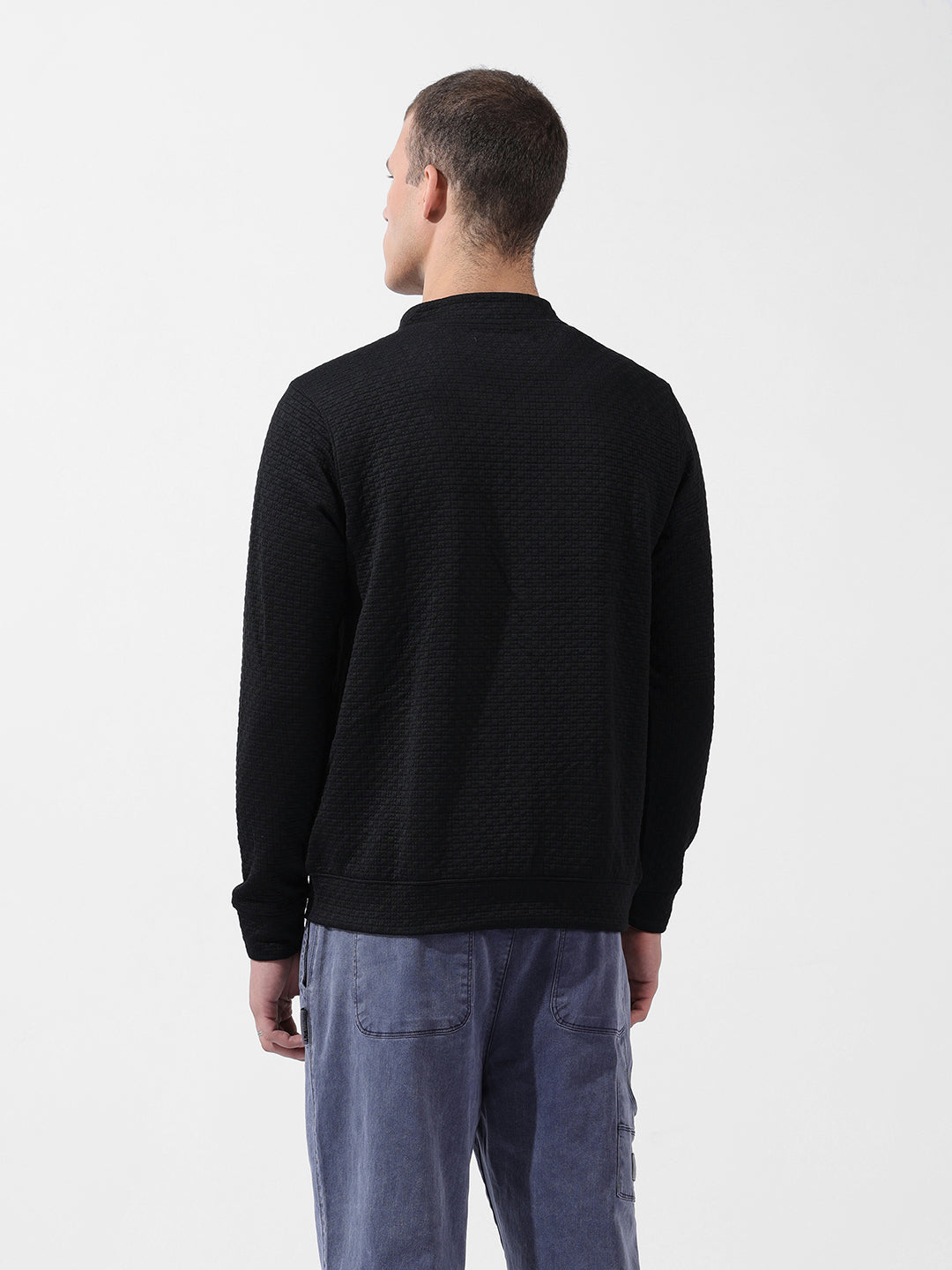 Men's Black Regular Fit Textured Casual Sweatshirt