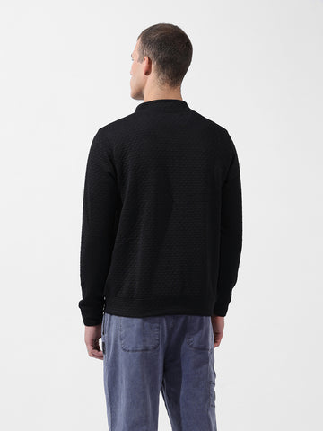 Men's Black Regular Fit Textured Casual Sweatshirt