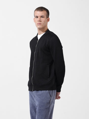 Men's Black Regular Fit Textured Casual Sweatshirt