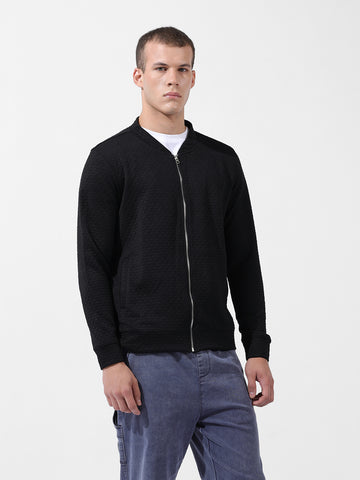 Men's Black Regular Fit Textured Casual Sweatshirt