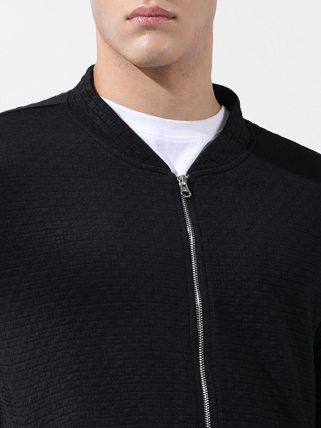 Men's Black Regular Fit Textured Casual Sweatshirt