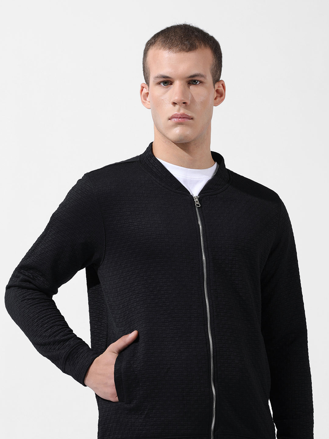 Men's Black Regular Fit Textured Casual Sweatshirt
