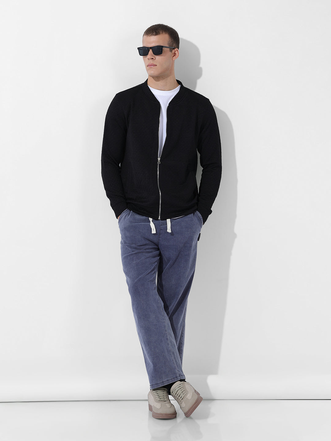 Men's Black Regular Fit Textured Casual Sweatshirt