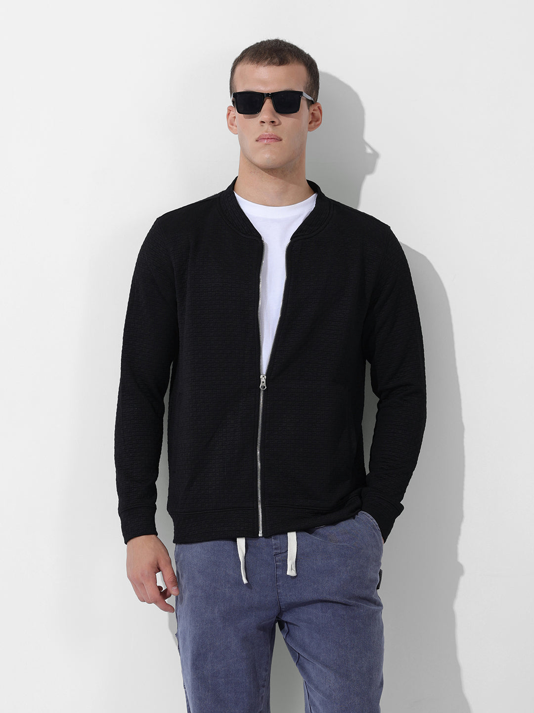 Men's Black Regular Fit Textured Casual Sweatshirt
