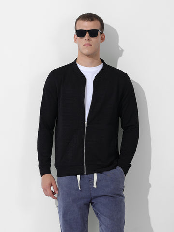Men's Black Regular Fit Textured Casual Sweatshirt