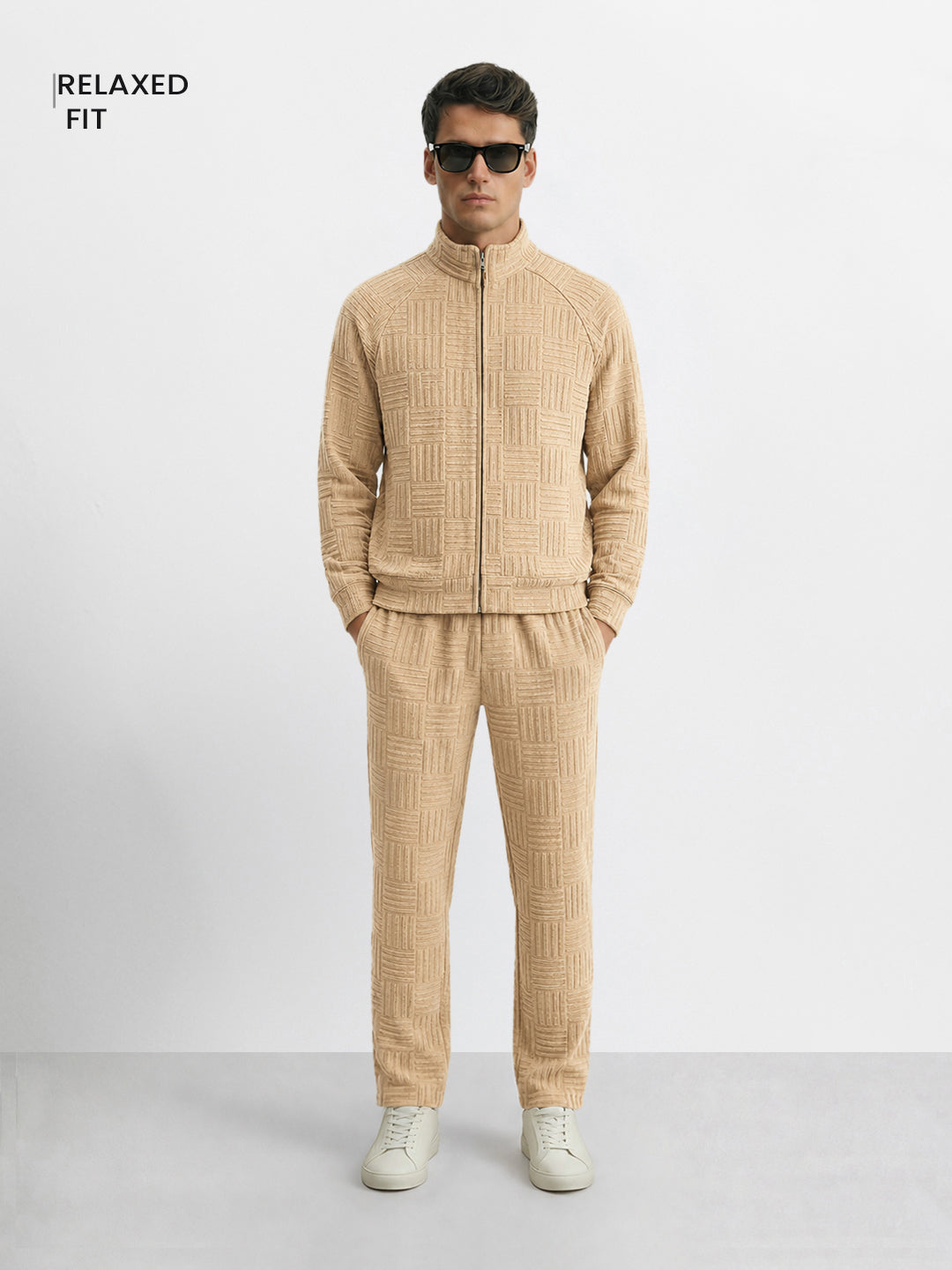 Men's Beige Relaxed Fit  Solid Casual Coordinates