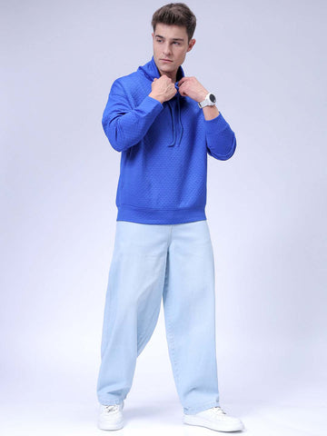 Men's Blue Relaxed Fit Textured Street Sweatshirt