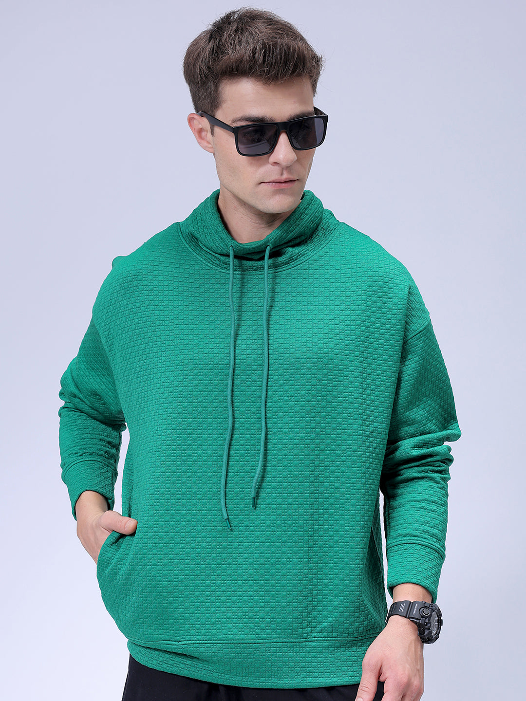 Men's Green Relaxed Fit Textured Street Sweatshirt