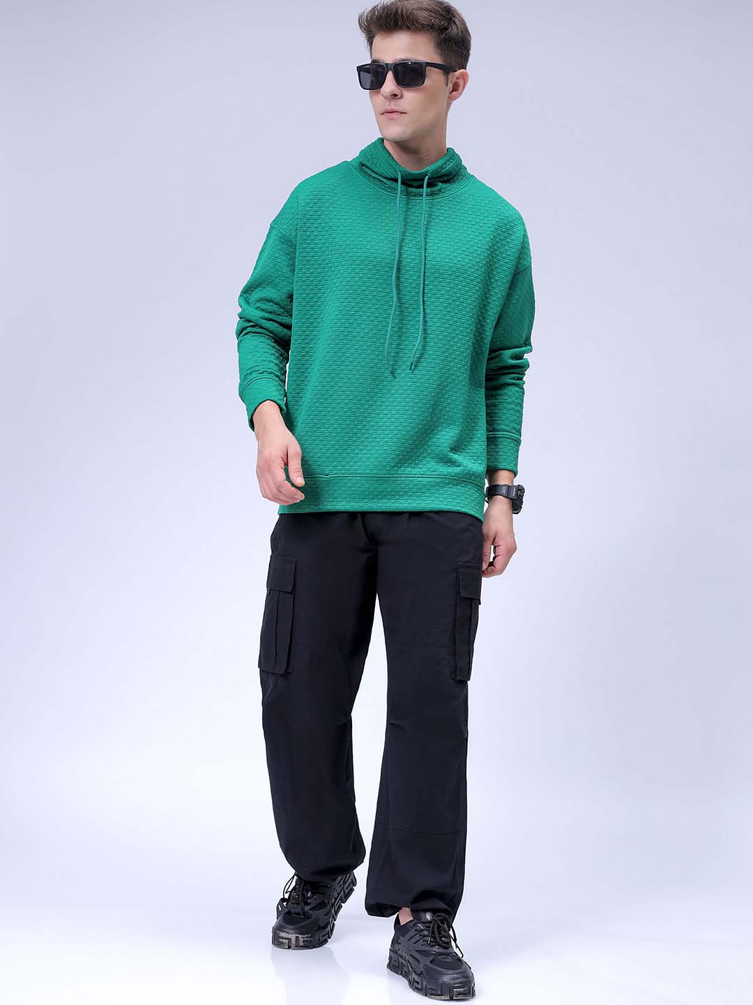 Men's Green Relaxed Fit Textured Street Sweatshirt