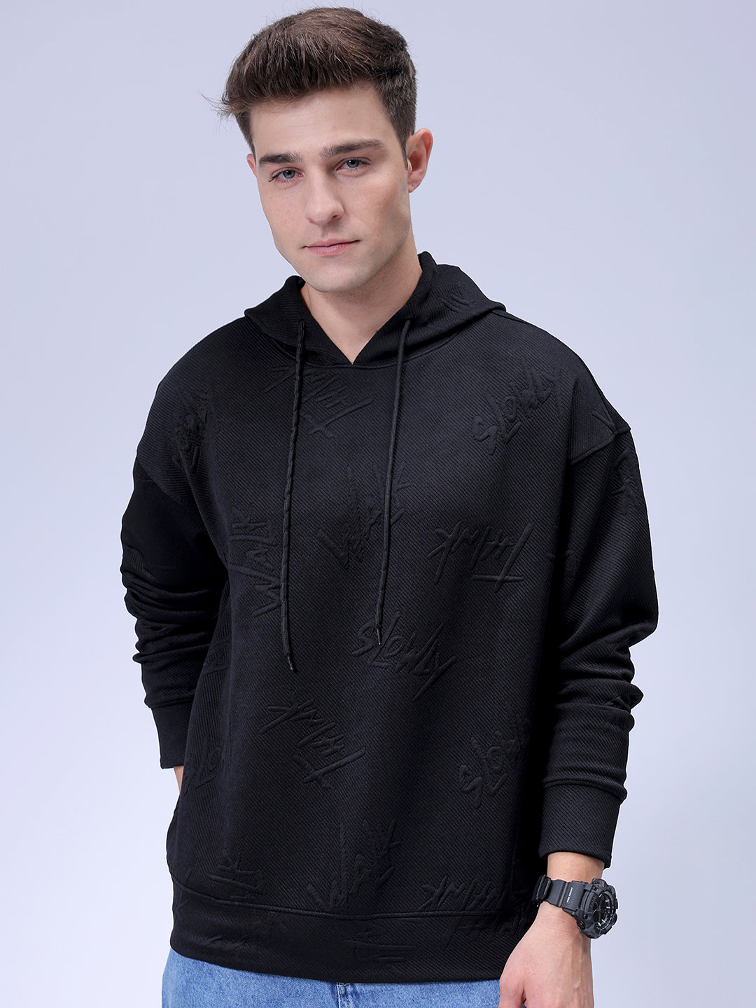 Men's Black Relaxed Fit Textured Casual Sweatshirt