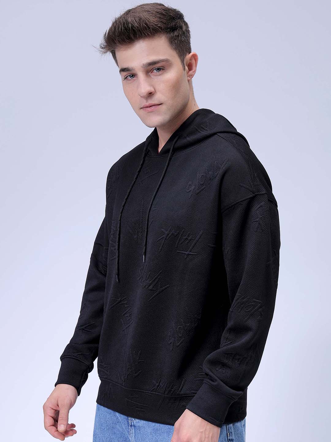Men's Black Relaxed Fit Textured Casual Sweatshirt