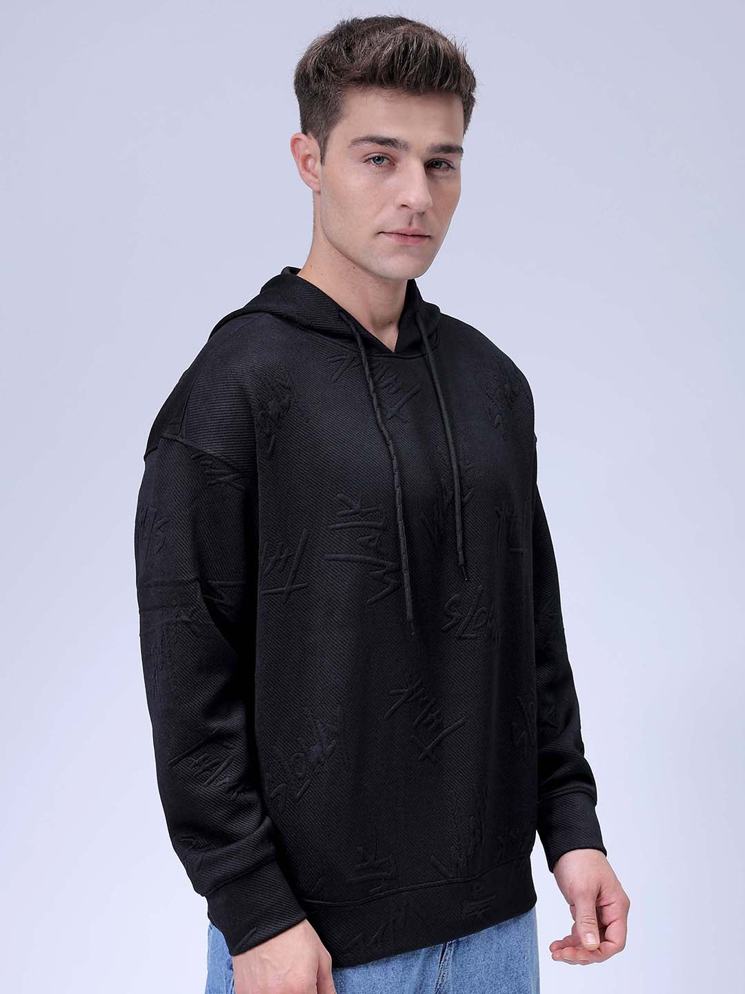 Men's Black Relaxed Fit Textured Casual Sweatshirt
