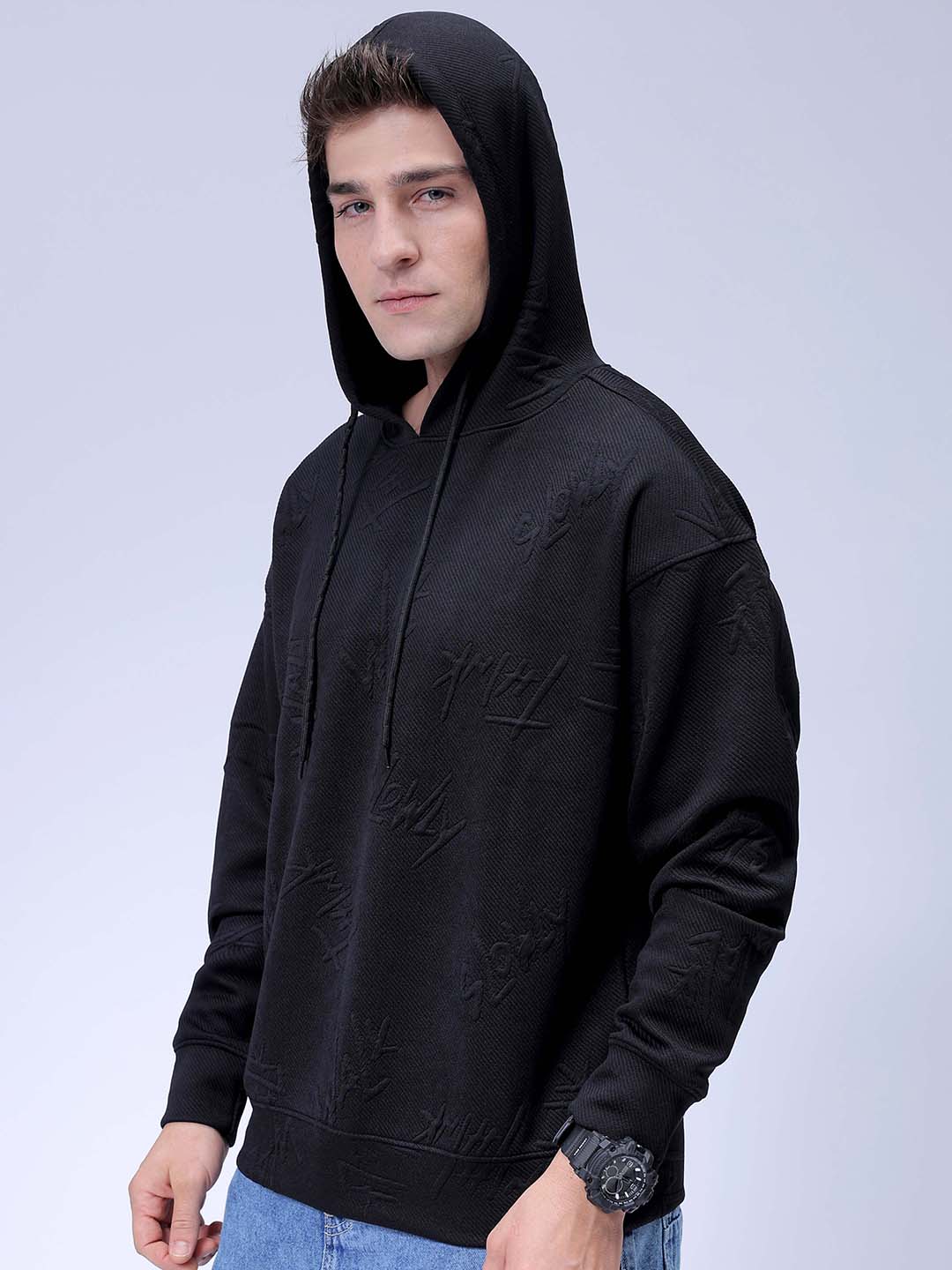 Men's Black Relaxed Fit Textured Casual Sweatshirt