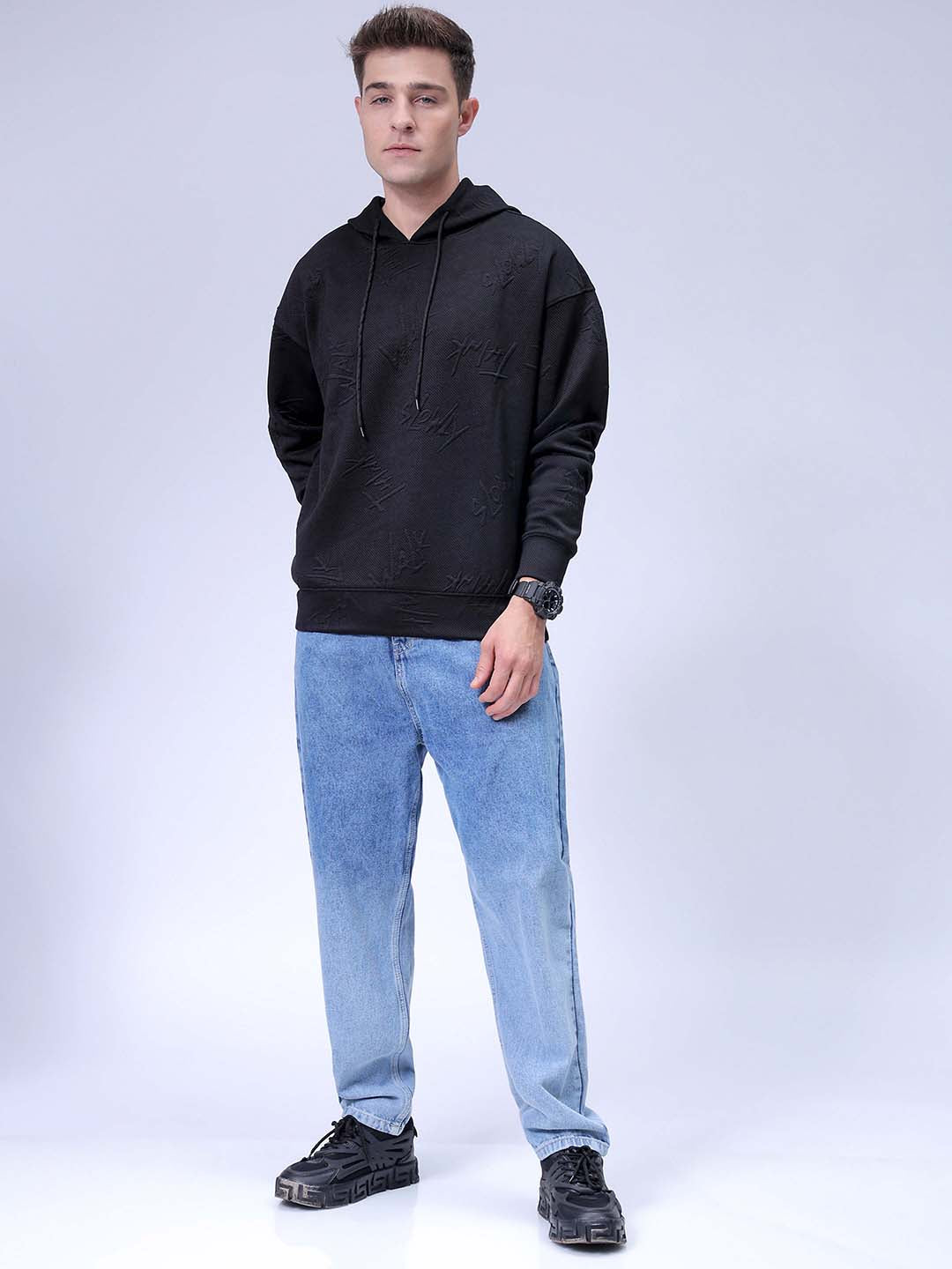Men's Black Relaxed Fit Textured Casual Sweatshirt