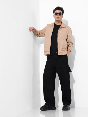 Men's Beige Regular Fit Casual Solid Shacket
