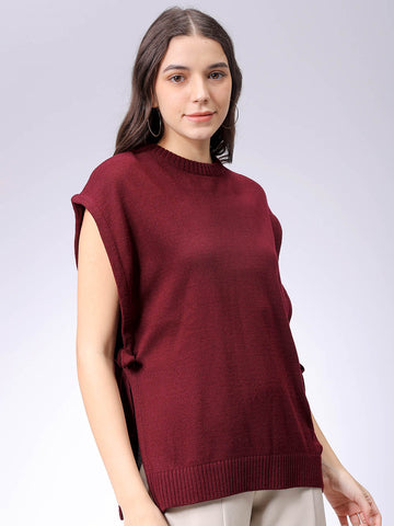 Women's Red Loose Fit Solid Sweater
