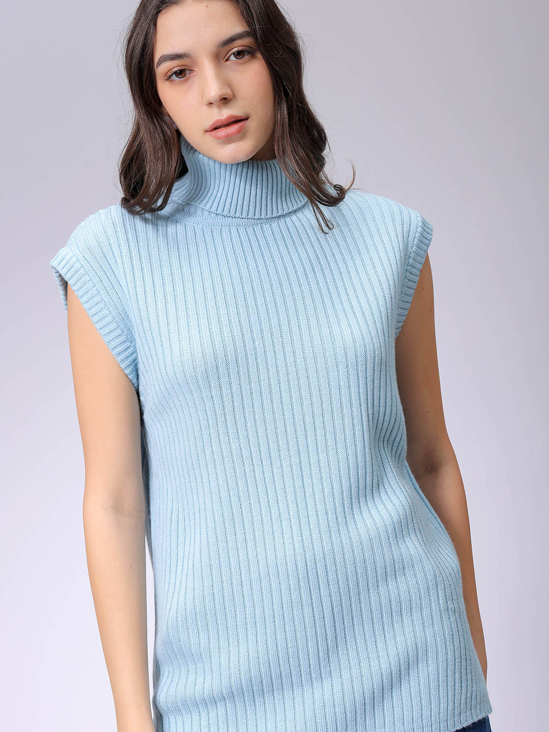 Women's Blue Loose Fit Solid Sweater
