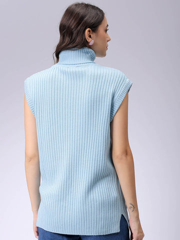Women's Blue Loose Fit Solid Sweater