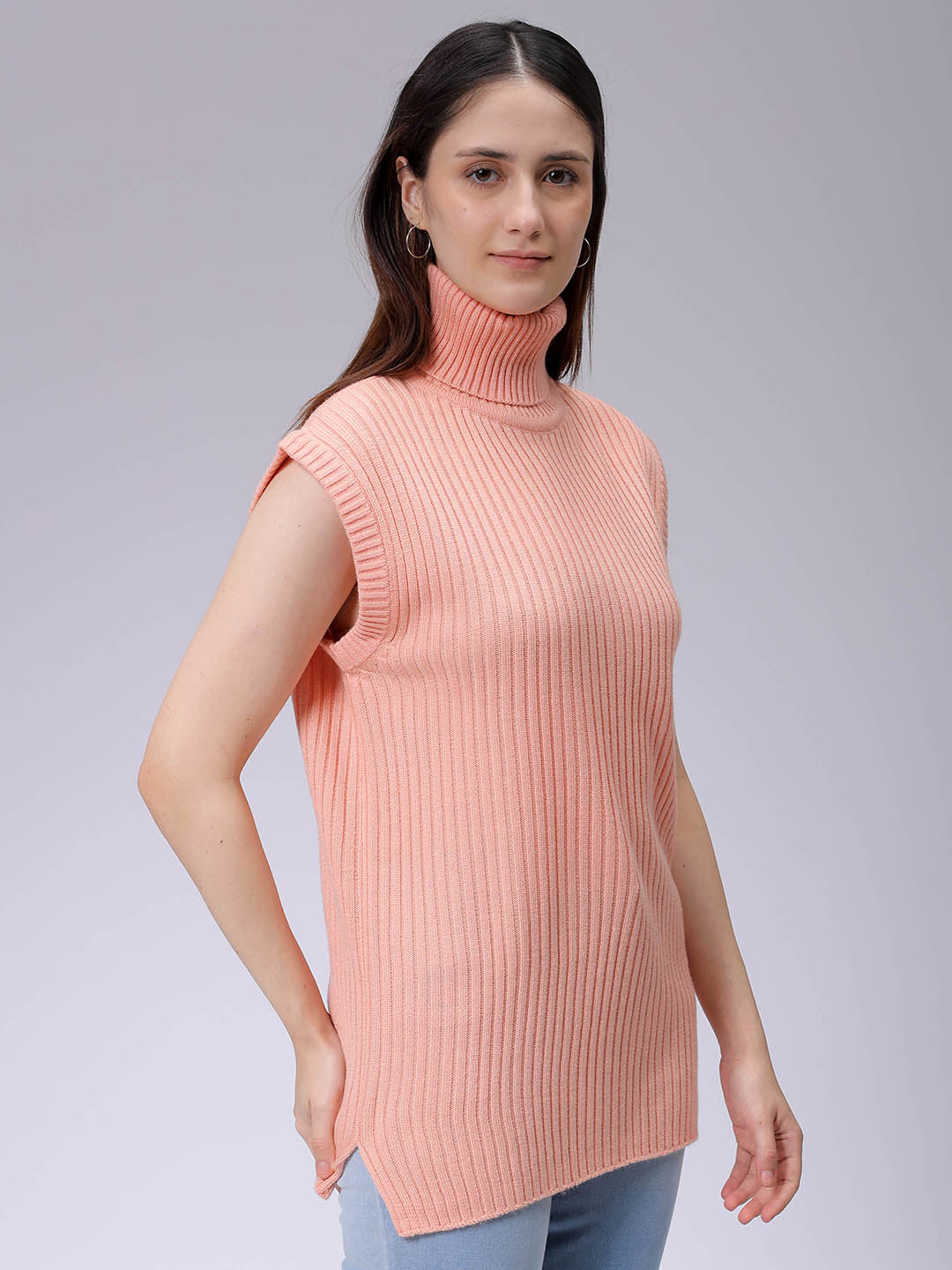 Women's Pink Loose Fit Solid Sweater