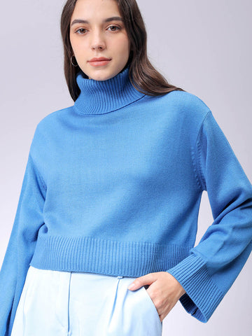 Women's Blue Boxy Fit High Neck Solid Sweater