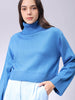 Women's Blue Boxy Fit High Neck Solid Sweater