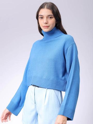 Women's Blue Boxy Fit High Neck Solid Sweater