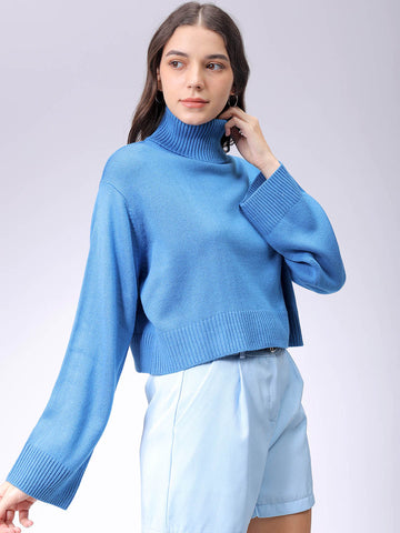 Women's Blue Boxy Fit High Neck Solid Sweater