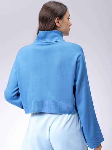 Women's Blue Boxy Fit High Neck Solid Sweater