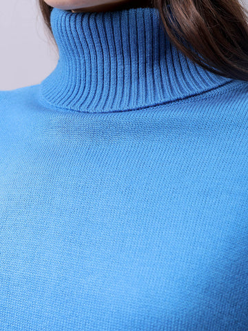 Women's Blue Boxy Fit High Neck Solid Sweater
