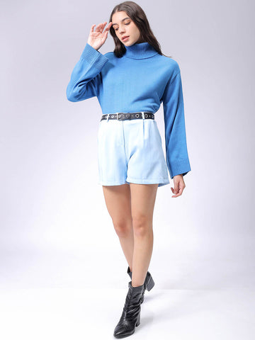 Women's Blue Boxy Fit High Neck Solid Sweater
