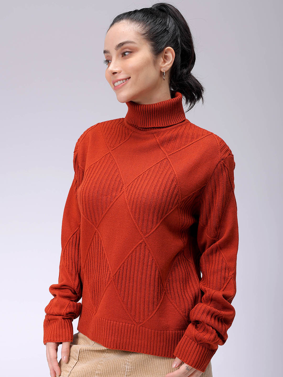 Women's Relaxed Fit Drop Shoulder High Neck Argyle Sweater
