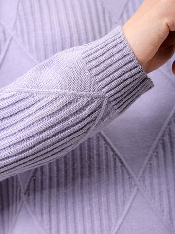 Women's Purple Relaxed Fit Argyle High Neck Sweater