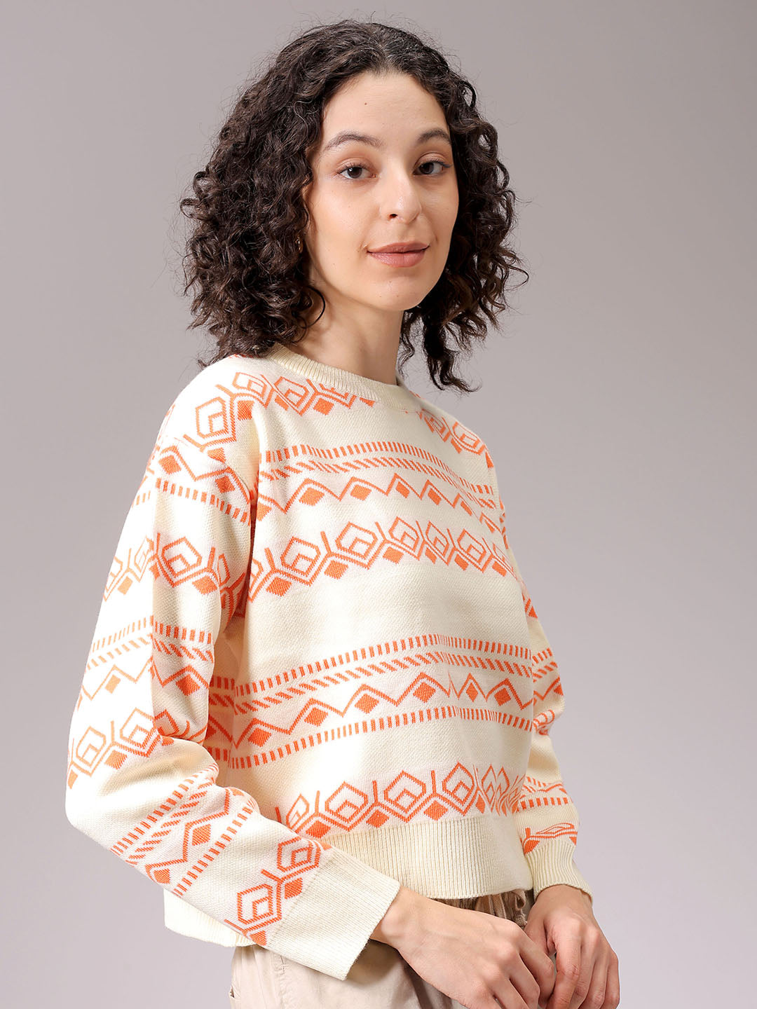 Women's White Regular Fit Geometric Printed Sweater