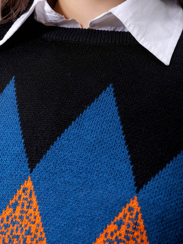 Women's Off White Relaxed Fit Argyle Print Sweater