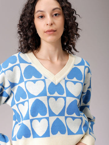 Women's White Loose Fit Quirky Printed Oversized Sweater