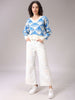 Women's White Loose Fit Quirky Printed Oversized Sweater