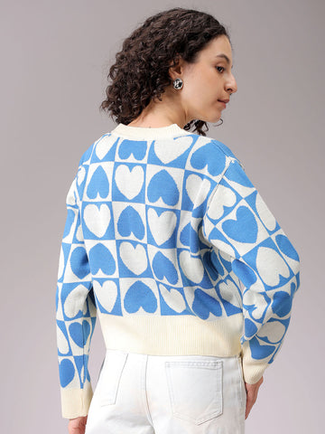 Women's White Loose Fit Quirky Printed Oversized Sweater