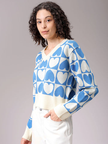 Women's White Loose Fit Quirky Printed Oversized Sweater