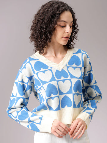 Women's White Loose Fit Quirky Printed Oversized Sweater