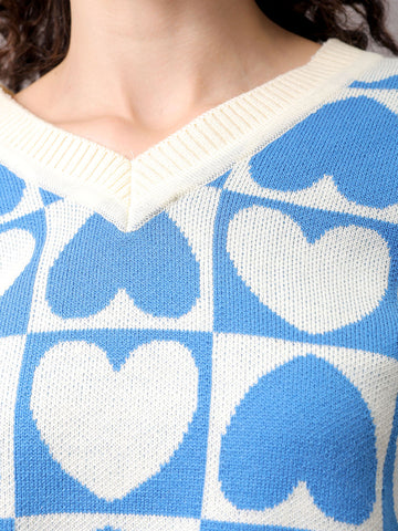 Women's White Loose Fit Quirky Printed Oversized Sweater