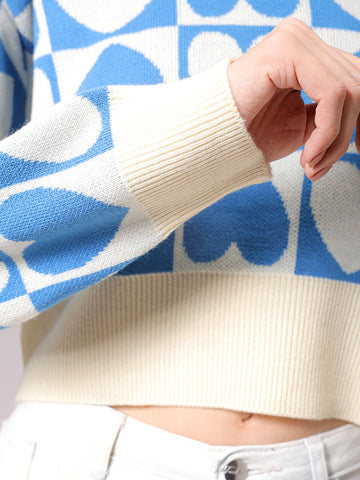 Women's White Loose Fit Quirky Printed Oversized Sweater