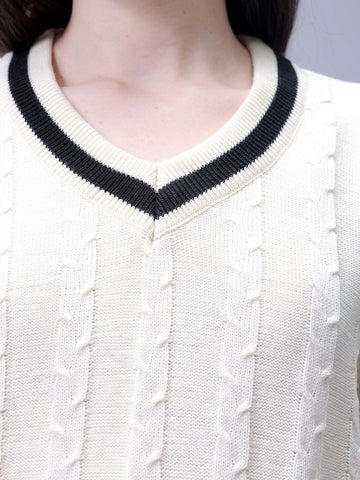 Women's Off White Loose Fit Solid Sweater