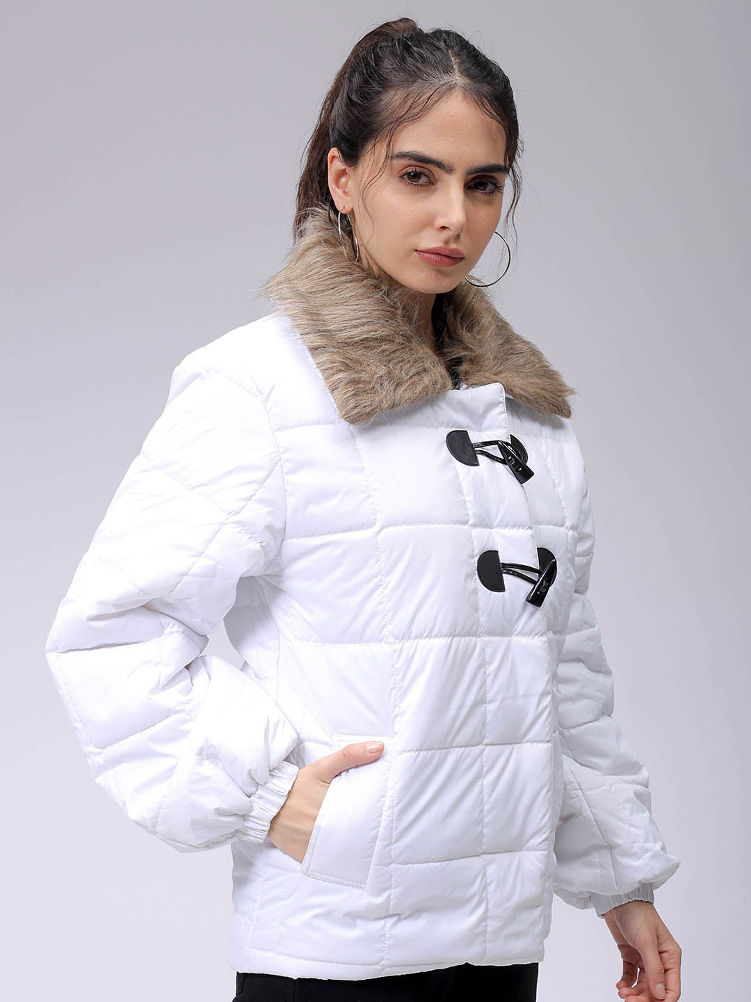 Women's White Relaxed Fit Solid Puffer Jacket